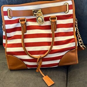Michael Kors Red & White Striped Canvas Tote with Tan Leather Trim